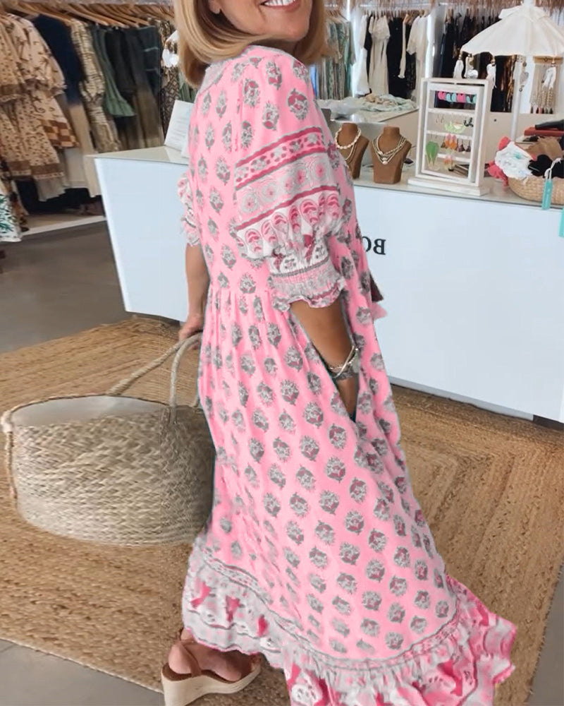 Women's bohemian V-neck midi dress featuring eye-catching lantern sleeves and practical side pockets.
