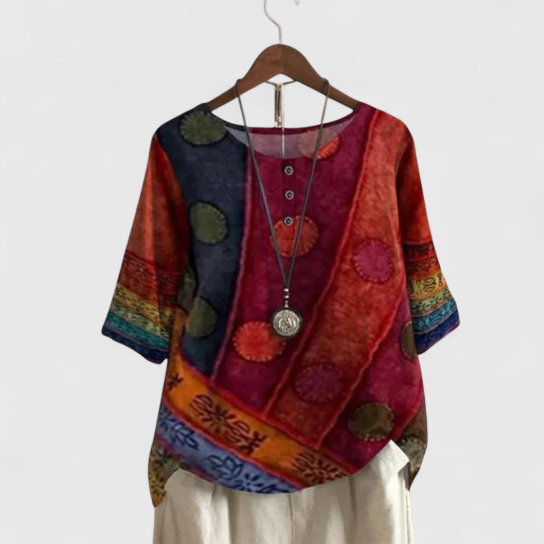 Women's Bohemian patchwork short sleeve top, featuring a loose fit and vibrant unique design, perfect for casual summer style.