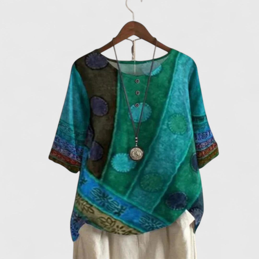 Effortless women's Bohemian patchwork top with short sleeves and a comfortable loose fit, ideal for spring and travel.