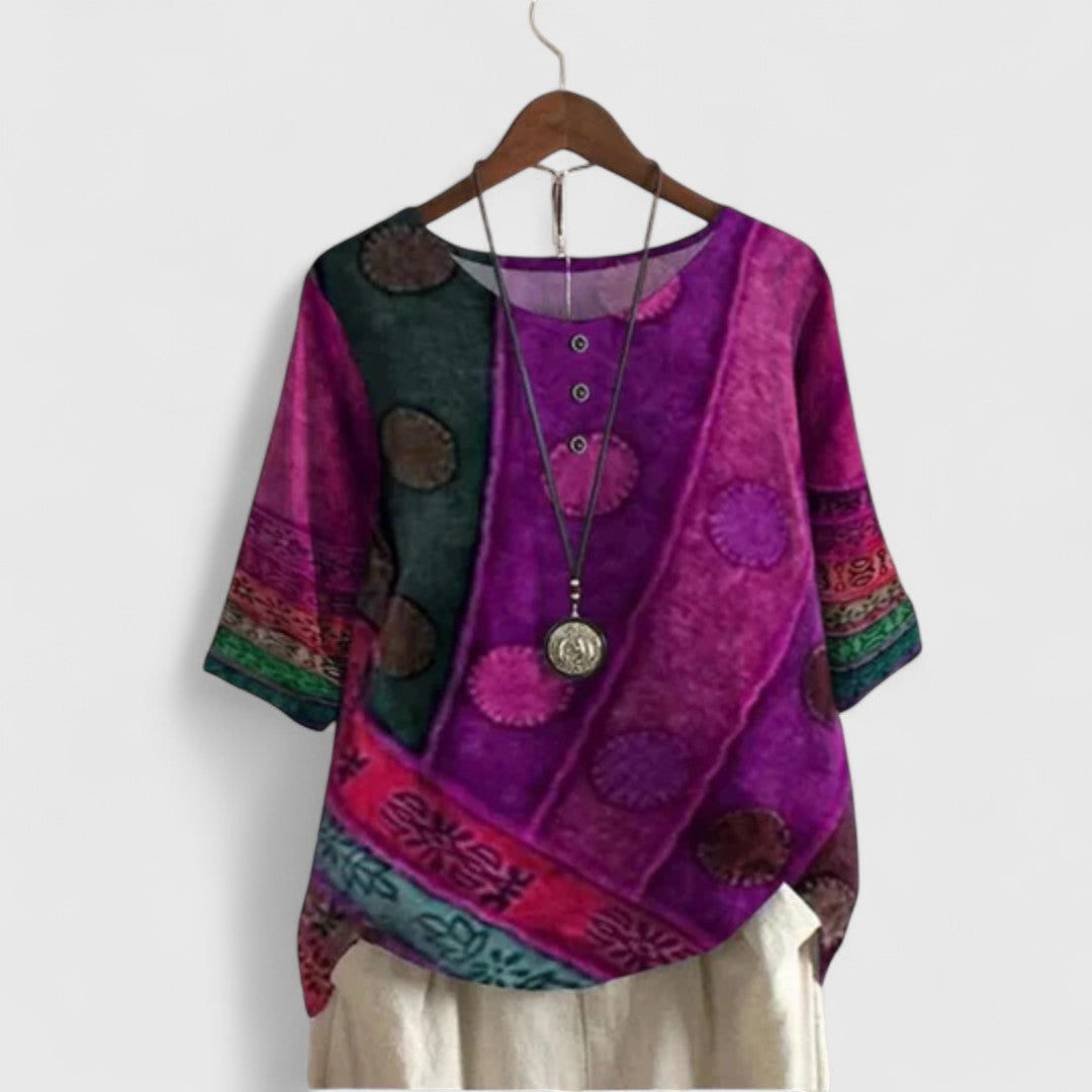 Versatile women's Bohemian short sleeve top with patchwork design, offering comfort and style for spring/summer fashion.