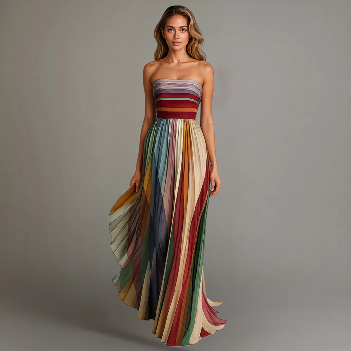 Women's bohemian pleated multicolor strapless maxi dress, perfect for summer parties or beach wear.