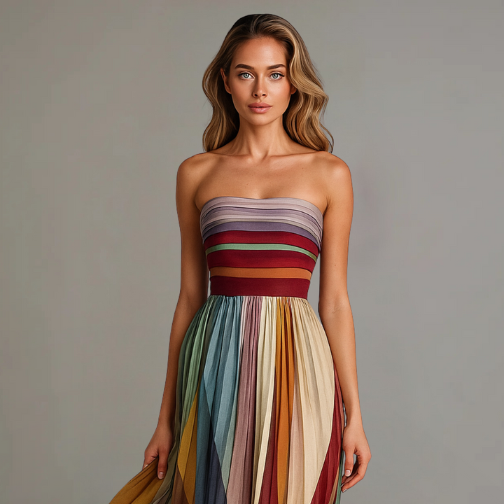 Chic women's flowy multicolor strapless maxi dress, ideal elegant bohemian vacation outfit.