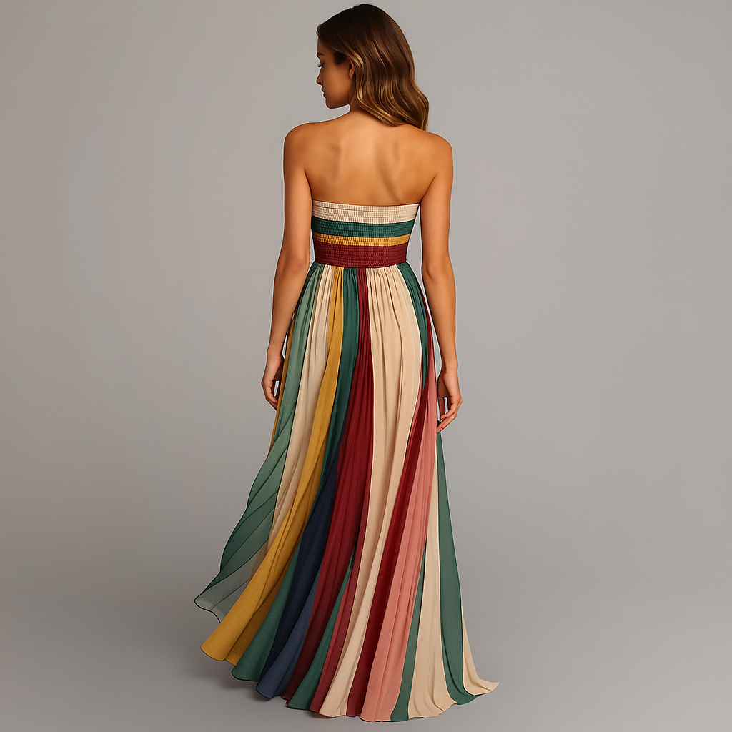 Bohemian women's strapless multicolor maxi dress with pleats, great for a chic summer vacation.