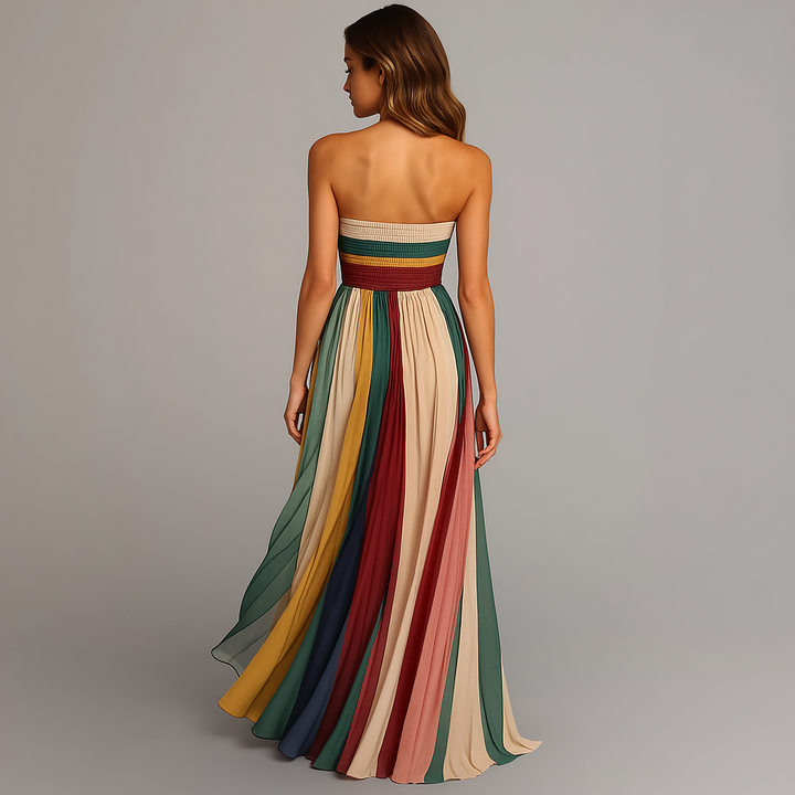 Bohemian women's strapless multicolor maxi dress with pleats, great for a chic summer vacation.