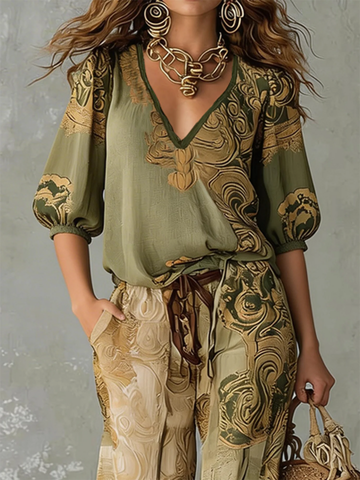 Women's bohemian print matching top and wide-leg pants set, perfect for summer casual or vacation wear.