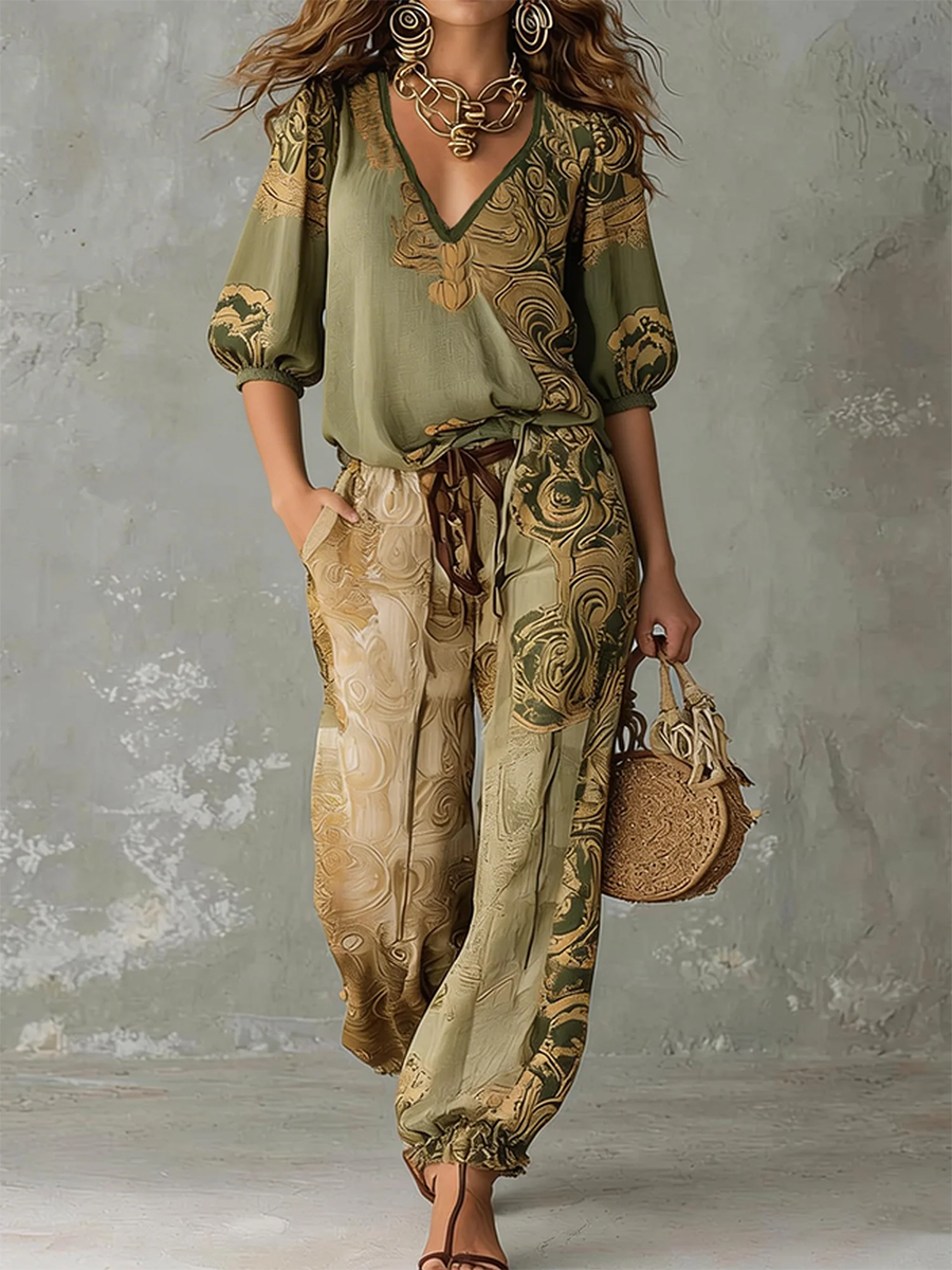 V-neck, half-sleeve bohemian print top from a women's matching set, ideal for summer comfort.