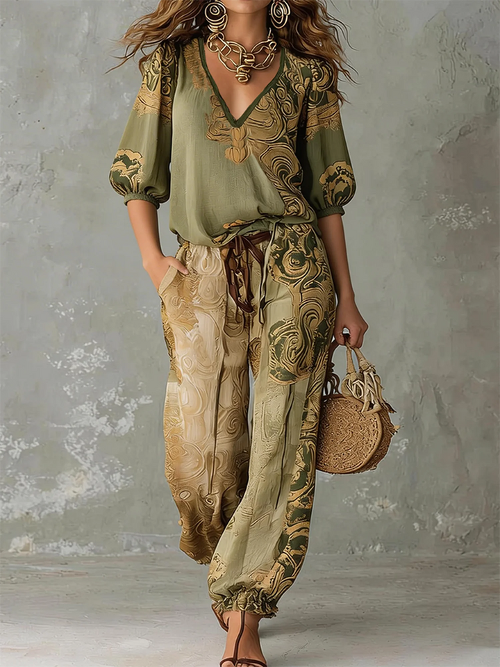 V-neck, half-sleeve bohemian print top from a women's matching set, ideal for summer comfort.