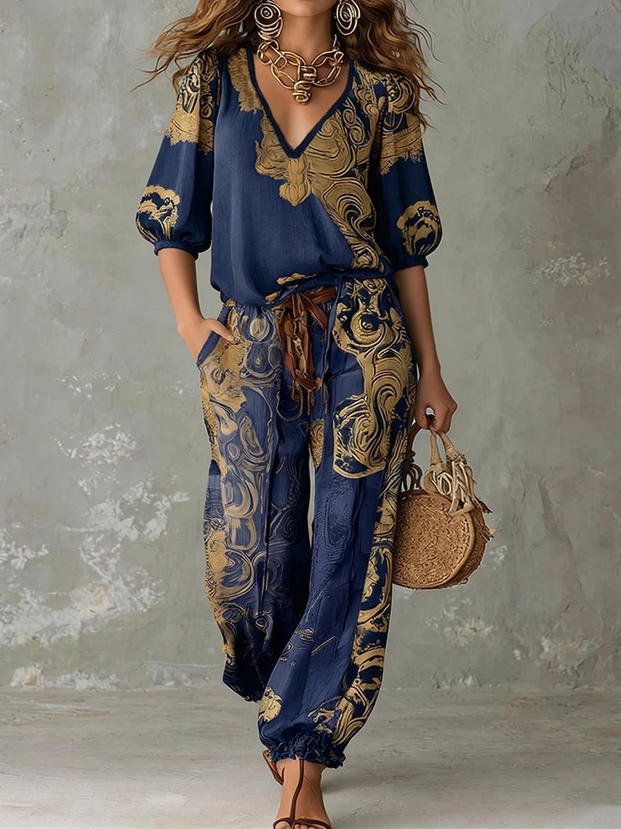 Chic women's bohemian print top and pants set, a comfortable relaxed fit for vacation or everyday summer.
