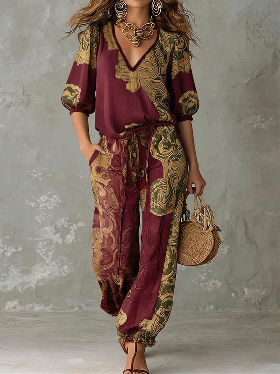Vibrant bohemian print two-piece set for women, offering a relaxed and comfortable summer casual look.