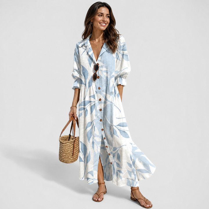 Women's Bohemian Printed Button-Front Maxi Dress, V-neck, long sleeve. Perfect for casual summer resort wear.