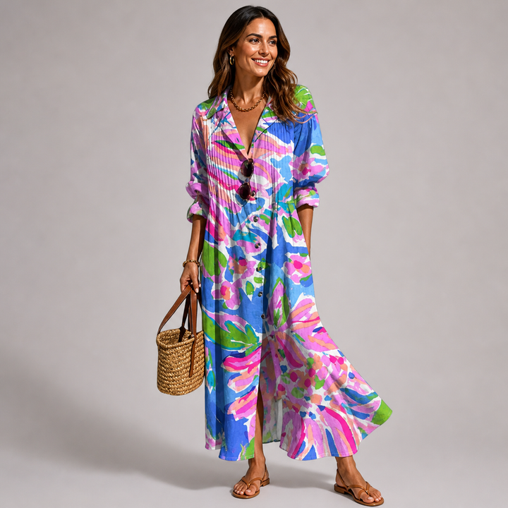 Casual women's long sleeve bohemian printed maxi dress, button-front, V-neck. Ideal for summer & resort wear.