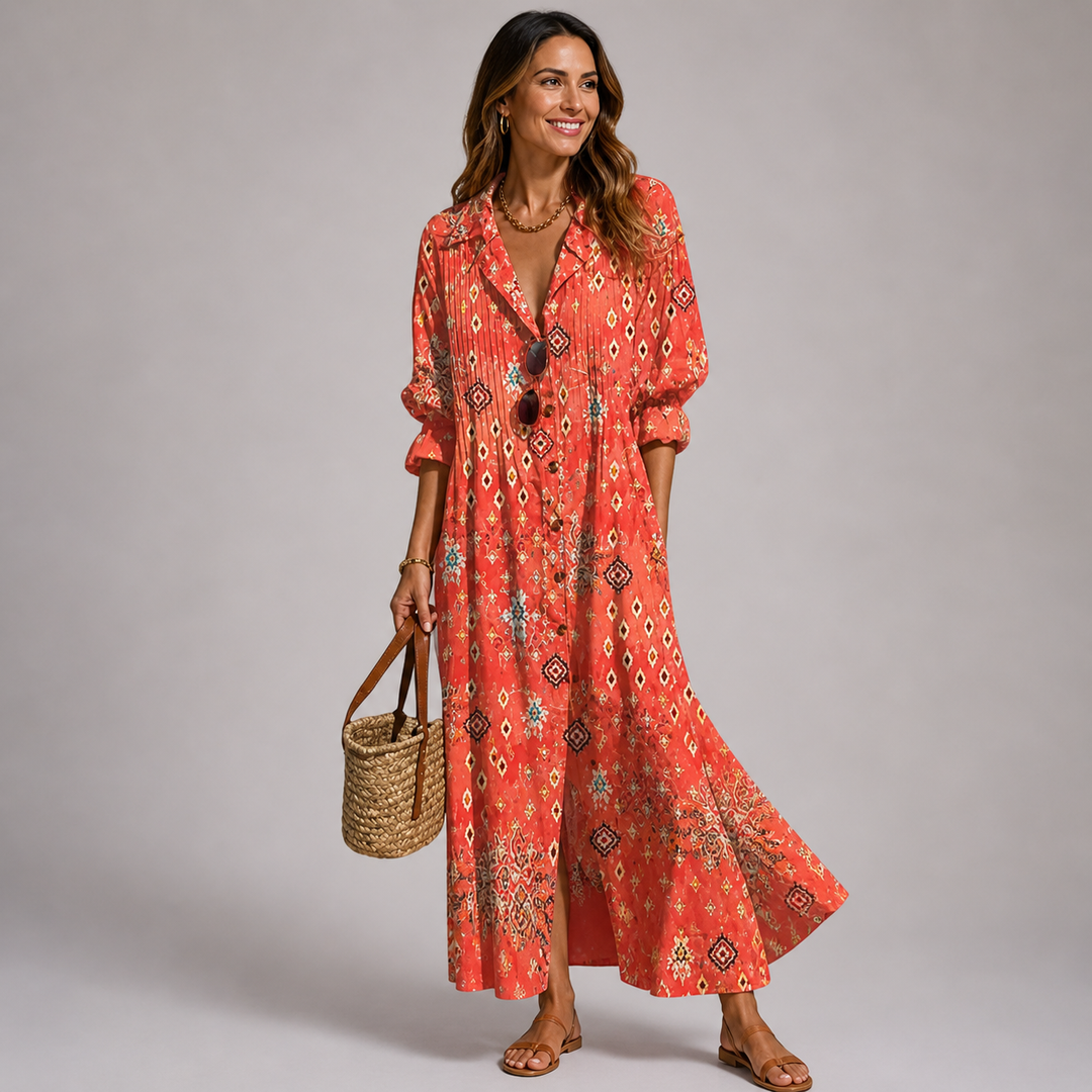 Flowy women's bohemian printed maxi dress with button-front & long sleeves. Perfect for casual summer wear.
