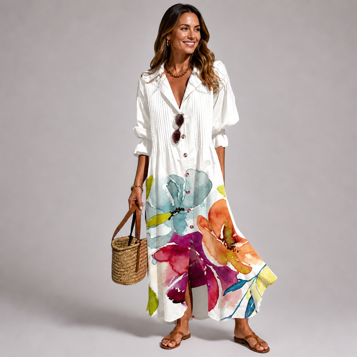 Graceful women's printed long sleeve maxi dress with a bohemian pattern, V-neck, and practical button-front.