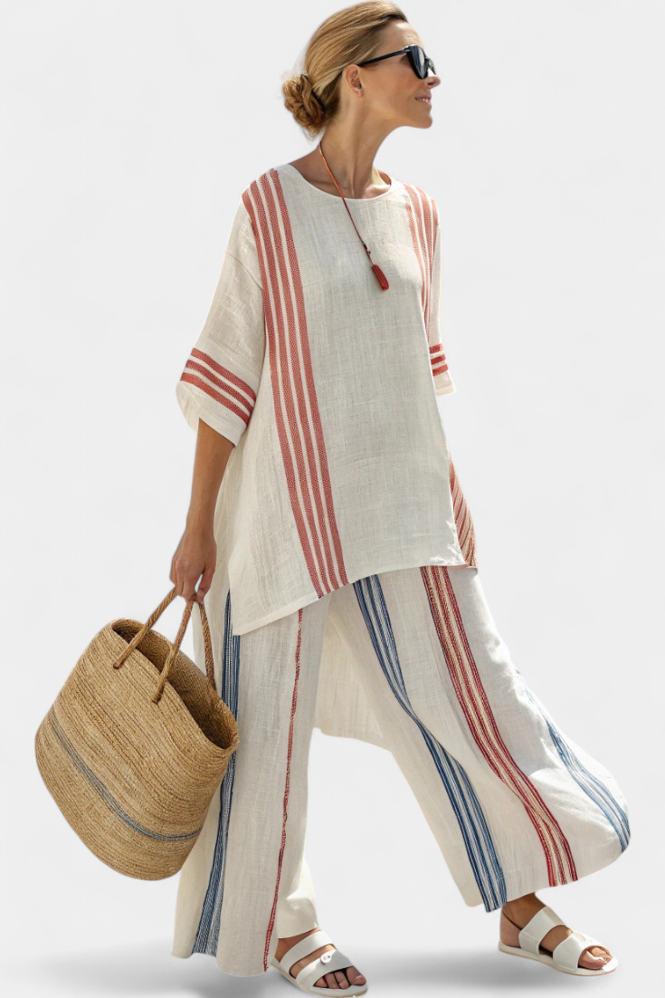 Comfortable women's bohemian striped two-piece lounge set. Relaxed tunic & wide-leg pants, perfect for casual outfits.