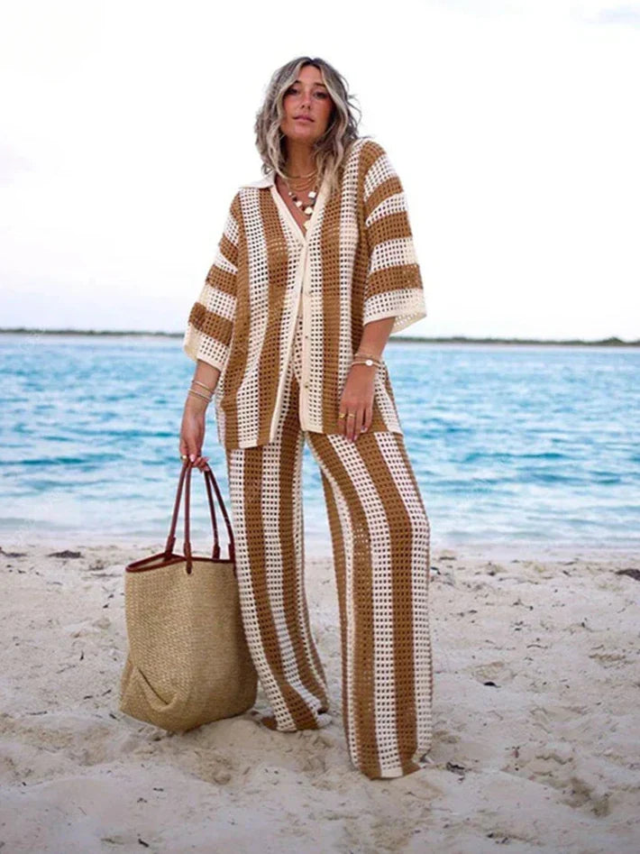 Women's Bohemian striped two-piece set, perfect for summer casual wear, beach, or resort vacations.