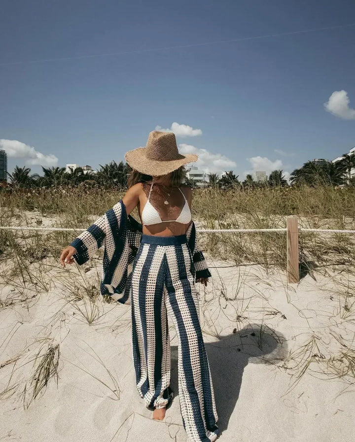 Trendy women's Bohemian striped two-piece set, a versatile summer outfit for vacation, beach, and casual fashion.