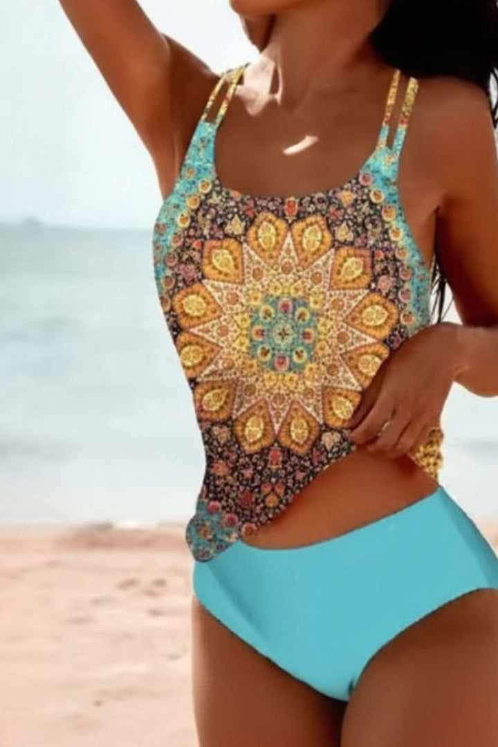 Women's boho tankini set, flattering swimwear, beachwear, summer fashion, vacation outfit swimsuit.