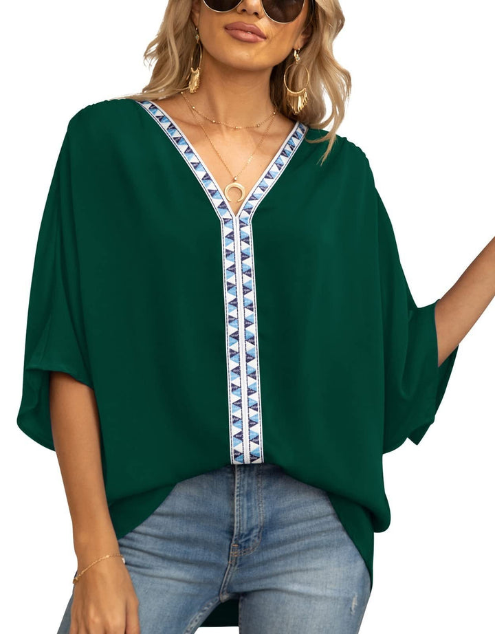 Chic women's casual bohemian tunic, embroidered geometric V-neck trim, half sleeve.