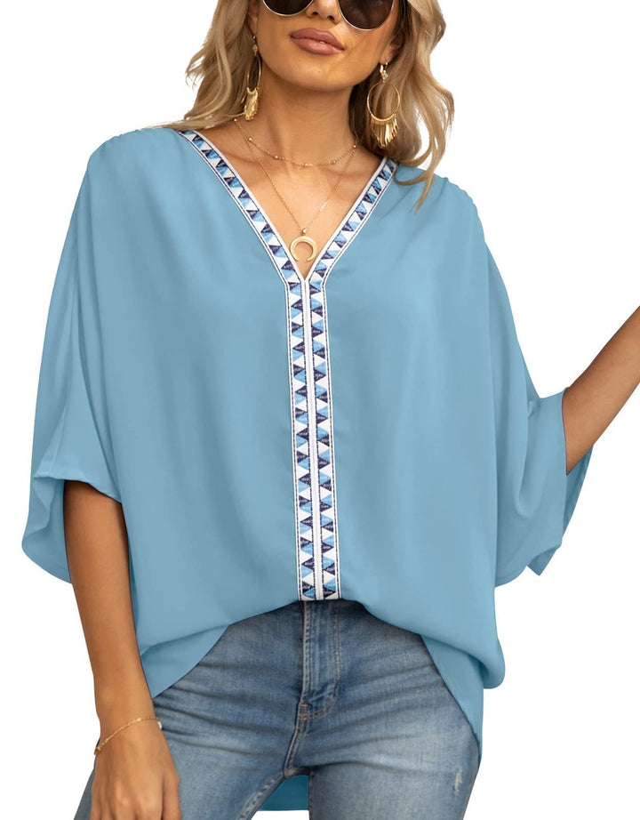 Women's tunic blouse, bohemian style, V-neck with geometric embroidery, half sleeves.
