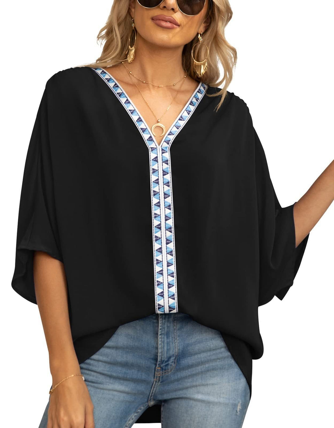 Elegant women's bohemian top, V-neck with geometric patterned trim, loose and comfy.