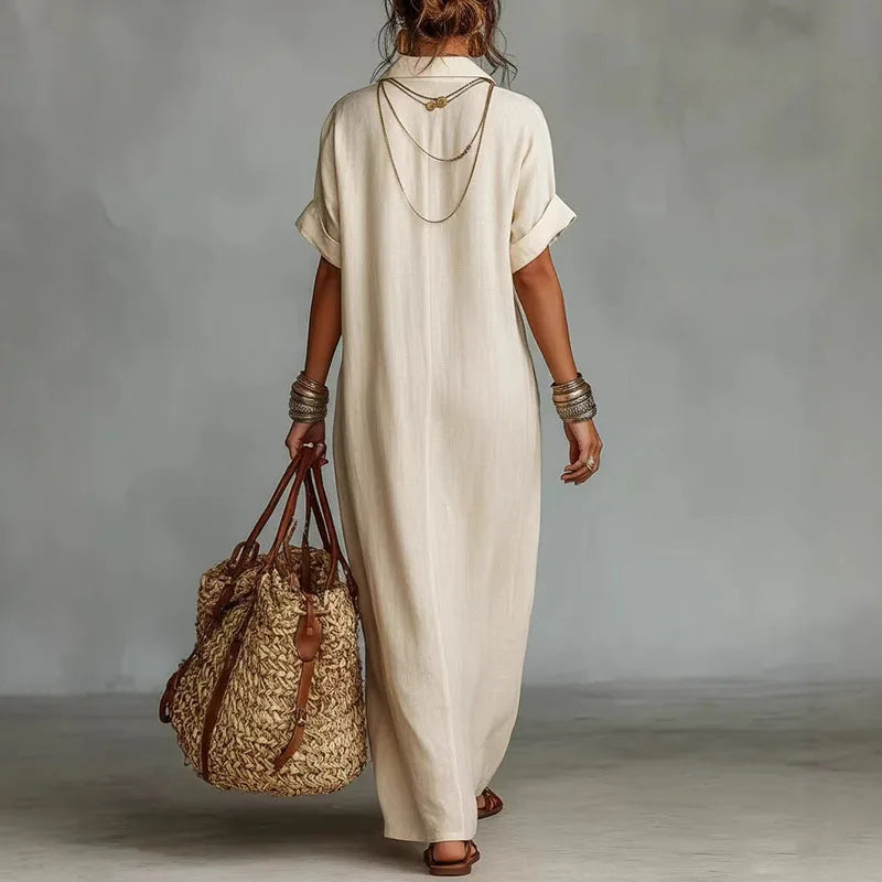 Bohemian printed V-neck maxi dress for women. Ideal vacation dress, beachwear, or elegant summer outfit.