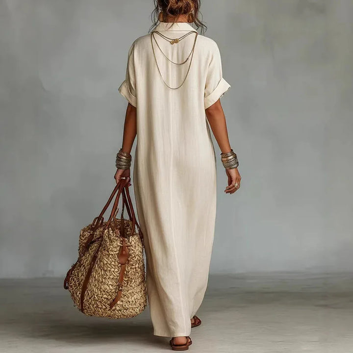 Bohemian printed V-neck maxi dress for women. Ideal vacation dress, beachwear, or elegant summer outfit.