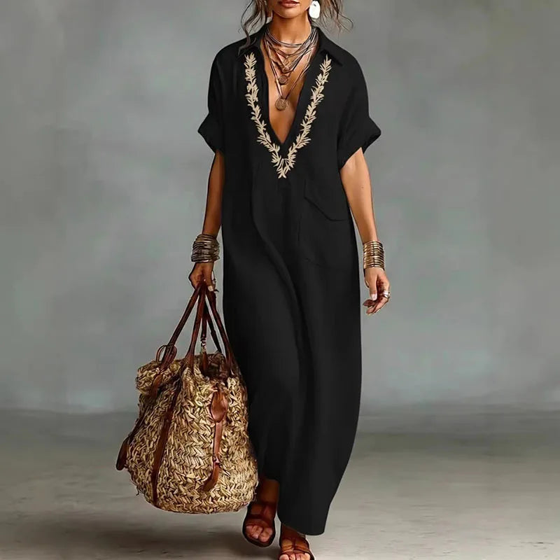 Casual chic women's bohemian maxi dress with a flattering V-neck & beautiful print. Relaxed fit for travel.