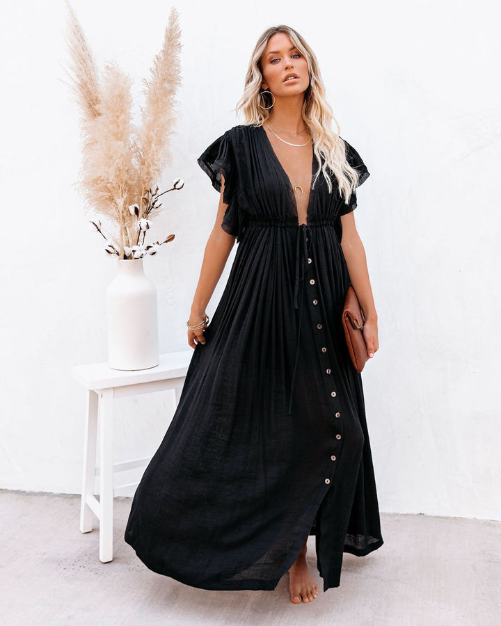 Women's boho beach cover up, flowy wrap V-neck design. Perfect for summer beachwear & resort vacations.