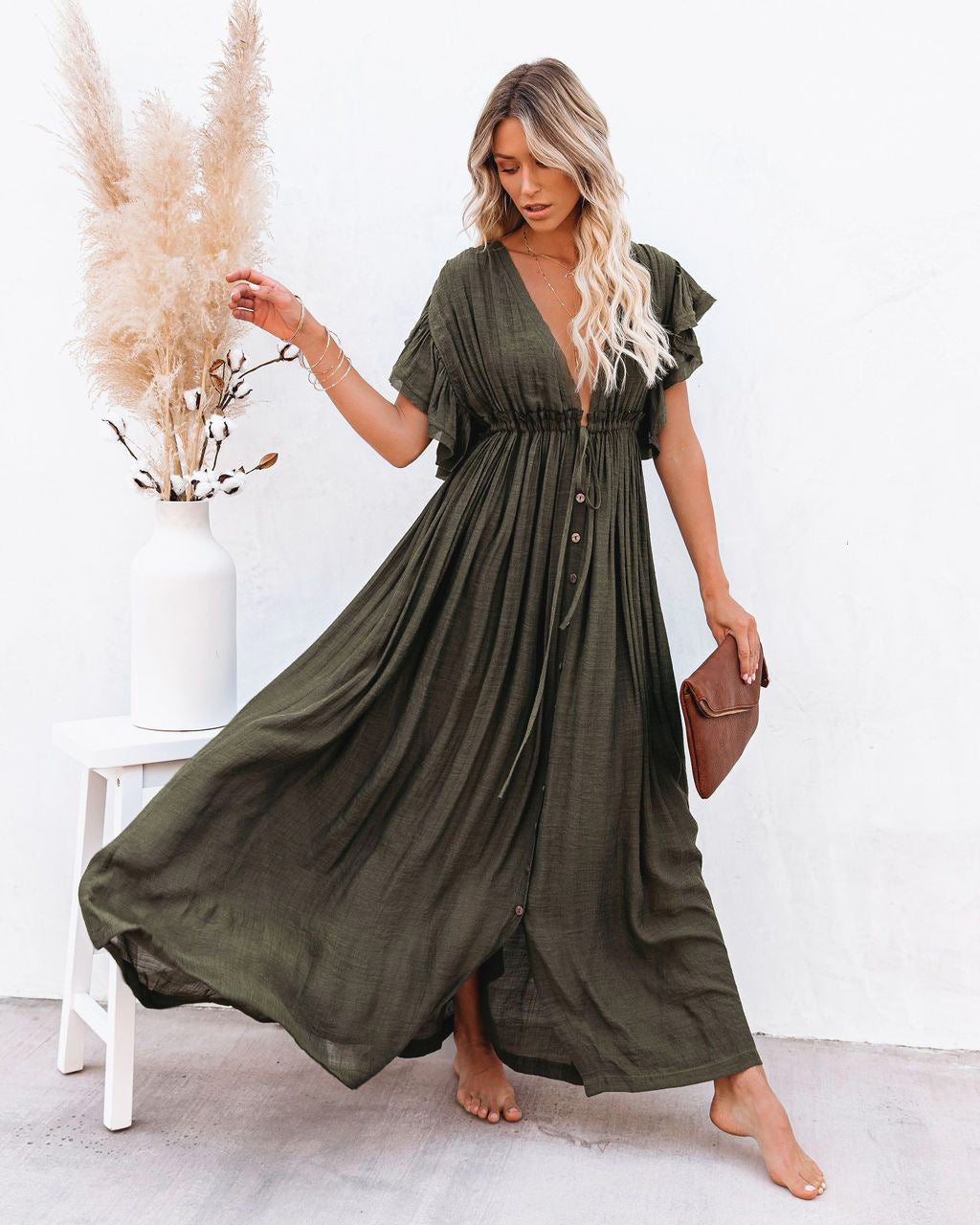 Lightweight women's boho cover up, with a stylish wrap V-neck and flowy design, ideal for summer beach days.