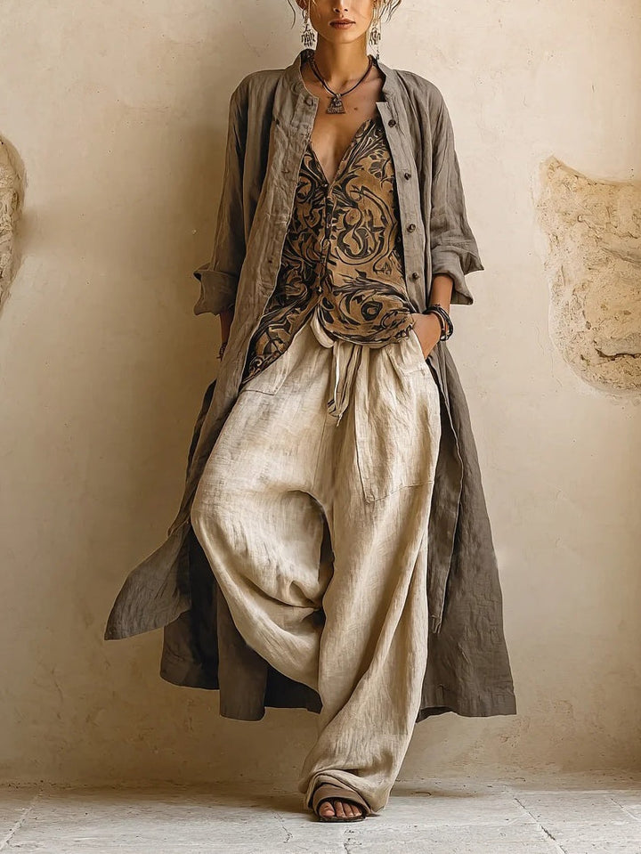 Women's boho chic wide leg pants and top set with a vibrant printed cardigan, ideal for summer casual outfits.