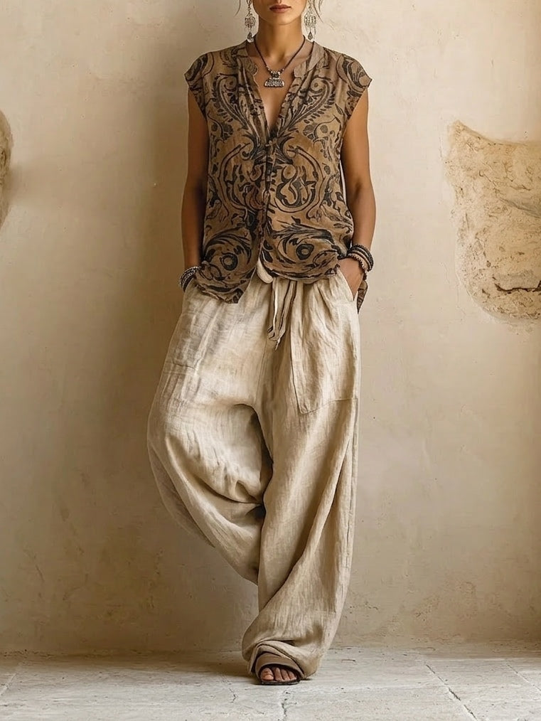 Relaxed fit women's three-piece boho set: wide-leg pants, top & stylish print cardigan, perfect for travel wear.