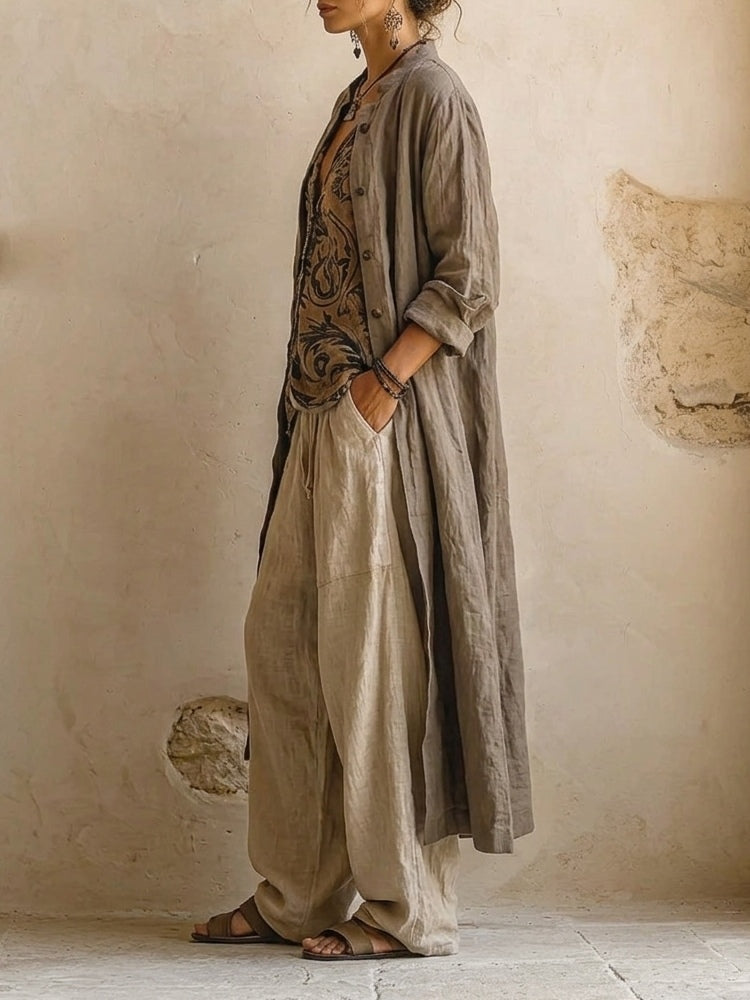 Stylish women's boho wide leg pants set with a colorful printed cardigan, great for relaxed summer travel.