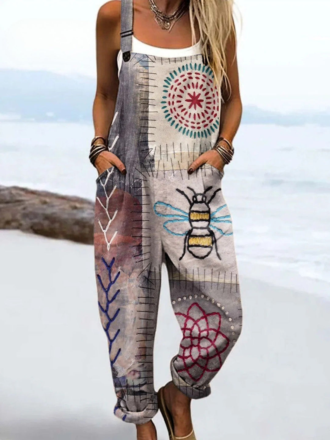 Women's Boho Embroidery Print Bib Jumpsuit. Casual dungarees with adjustable straps, perfect for summer fashion.