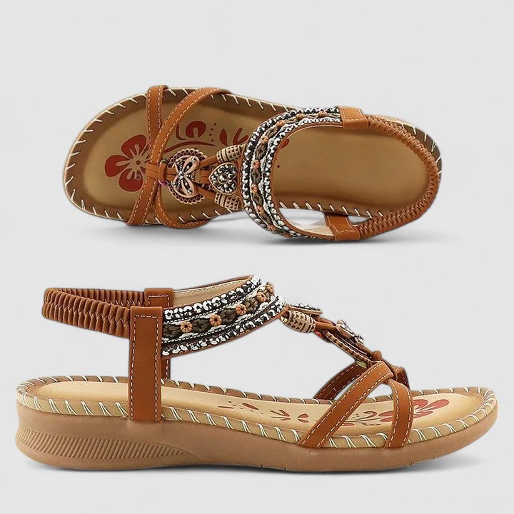 Casual women's embroidered sandals, boho ethnic style, perfect comfortable flat footwear for summer.