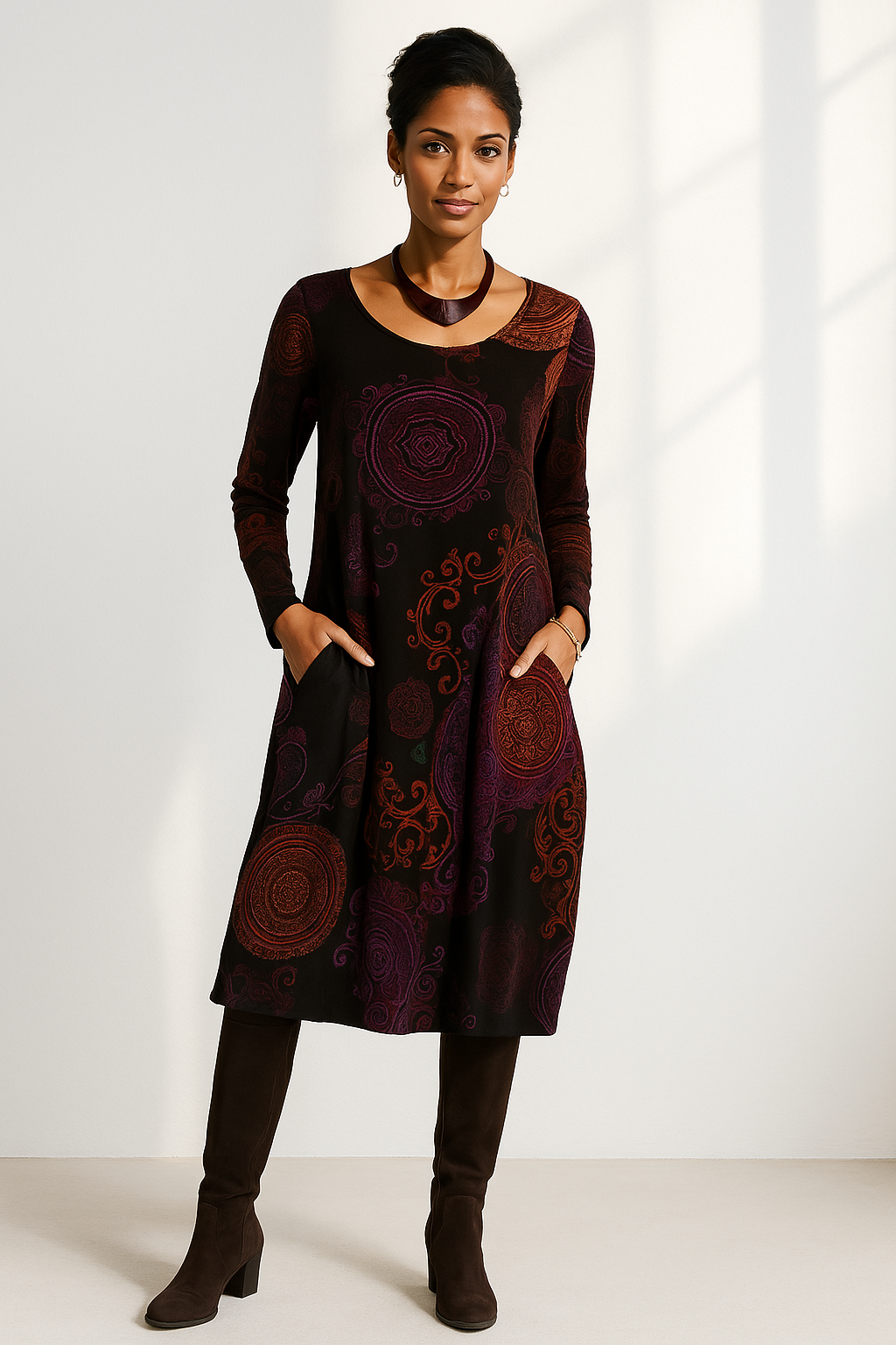 Women's Boho Floral Long Sleeve Midi Dress, perfect for versatile spring & fall fashion.