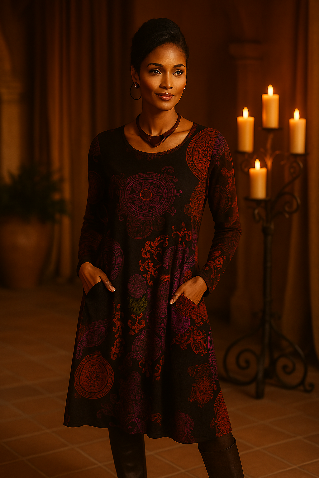 Elegant women's boho floral long sleeve midi dress for a chic and trendy look. Perfect for any occasion.