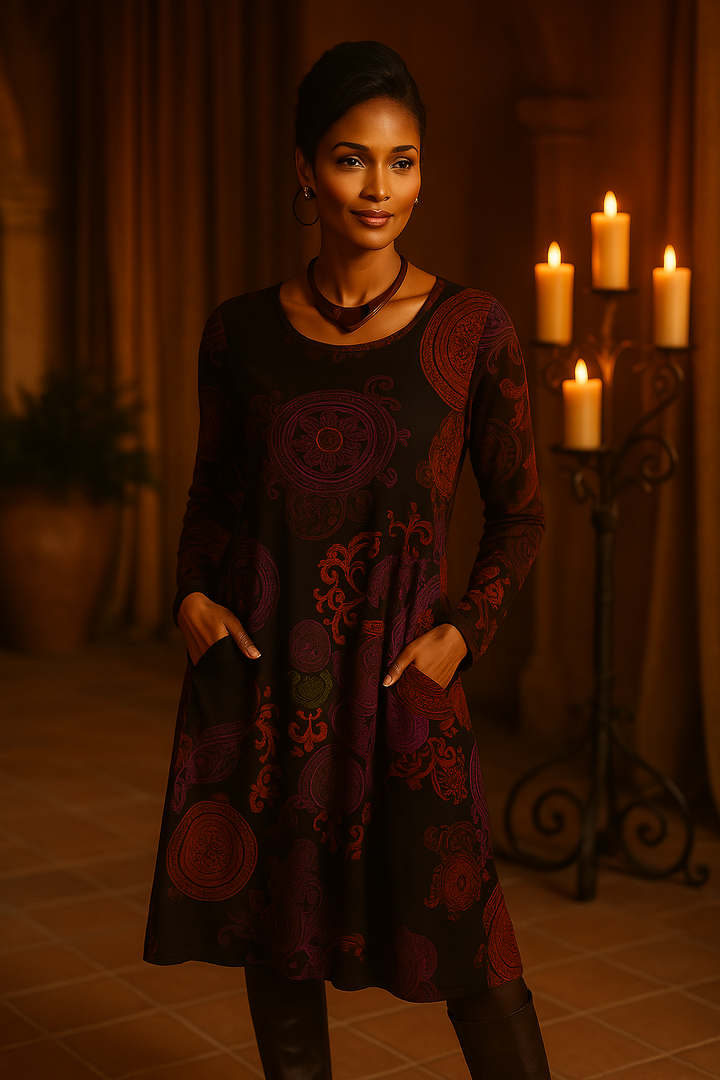 Elegant women's boho floral long sleeve midi dress for a chic and trendy look. Perfect for any occasion.