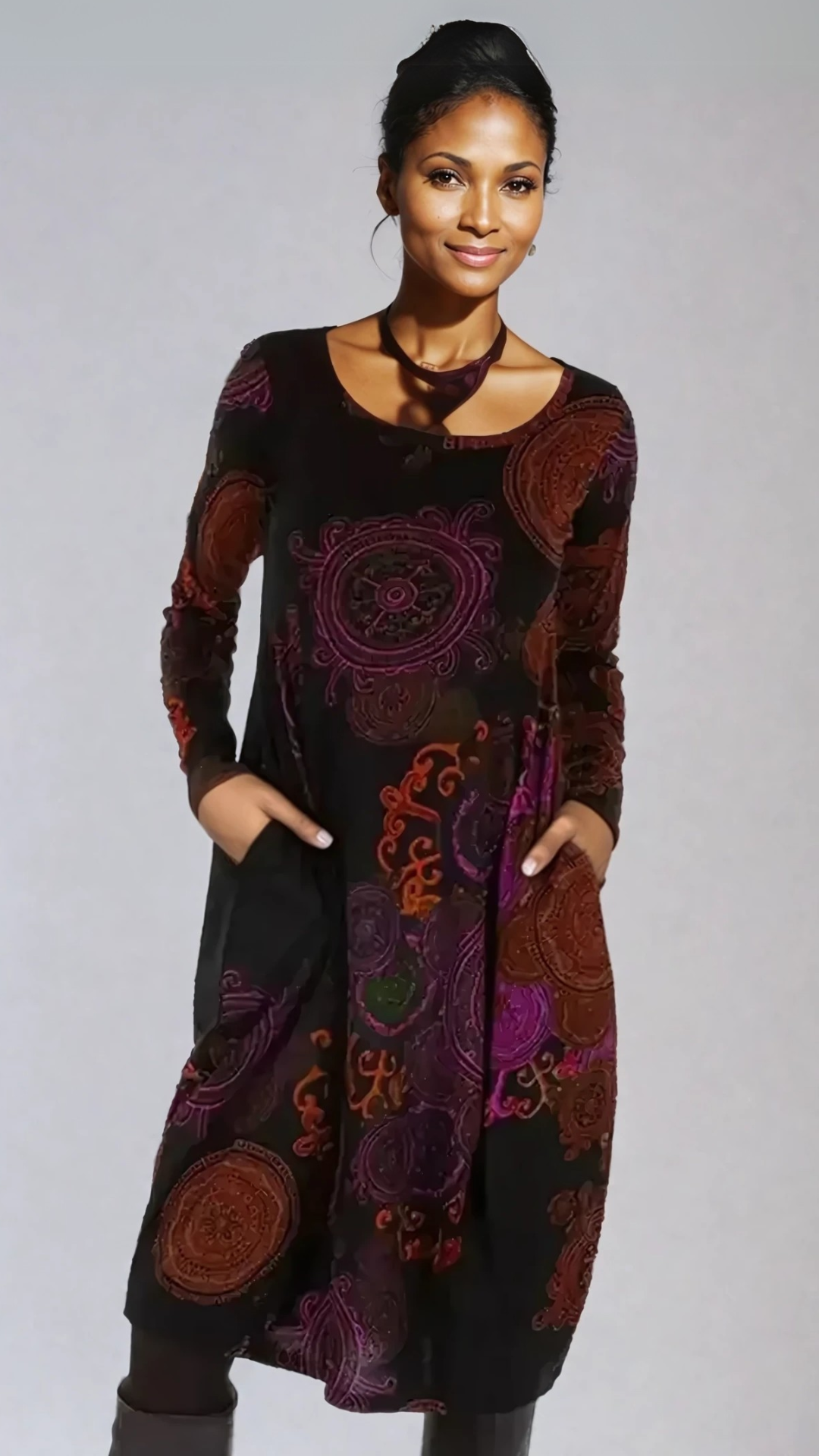 Stylish women's bohemian floral long sleeve midi dress, a versatile piece for elegant everyday wear.