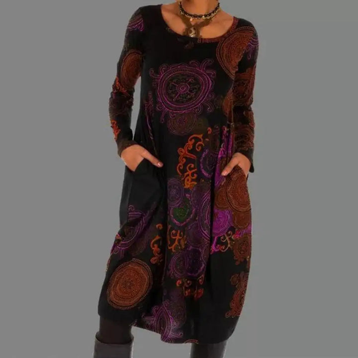 Chic party-ready women's boho floral long sleeve midi dress, perfect for stylish gatherings.