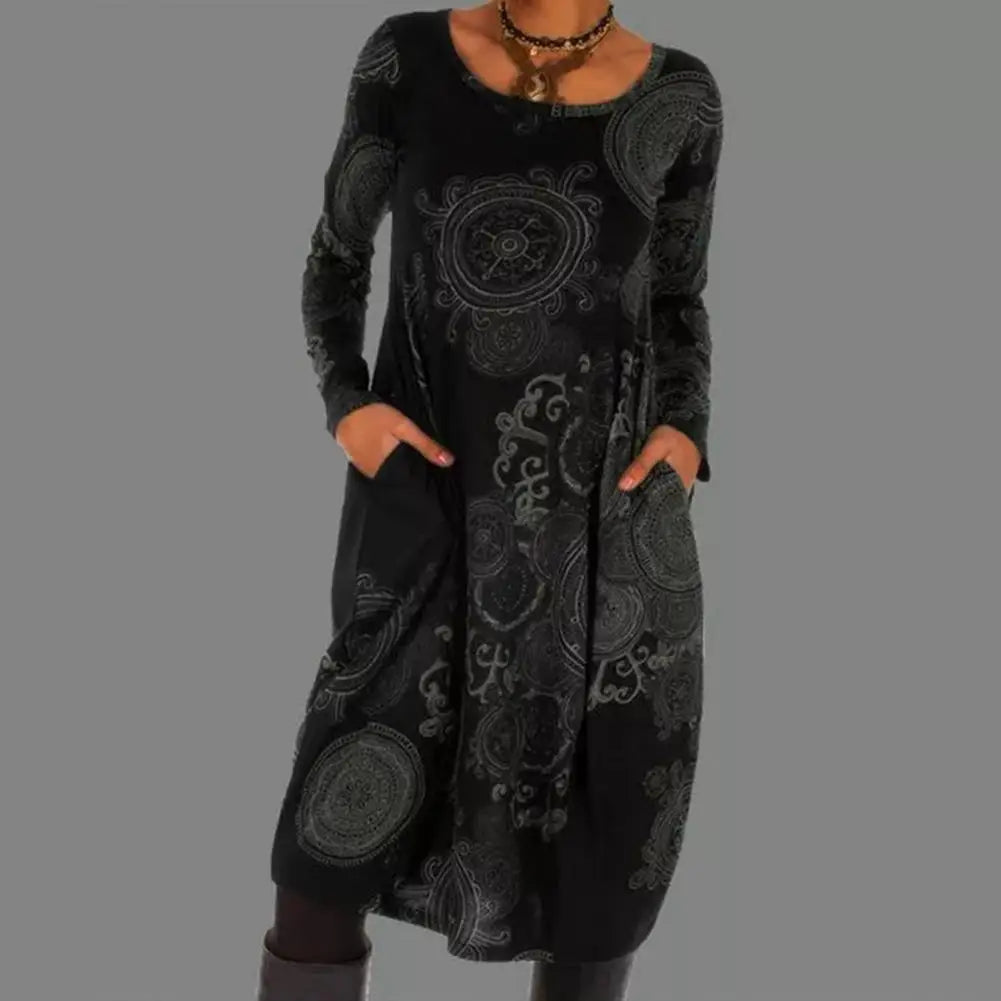 Flowy and fashionable women's boho floral long sleeve midi dress, offering both comfort and elegance.