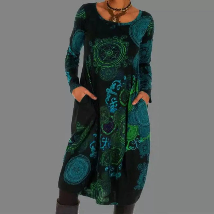 Trendy women's long sleeve midi dress featuring a beautiful boho floral pattern, great for fall fashion.