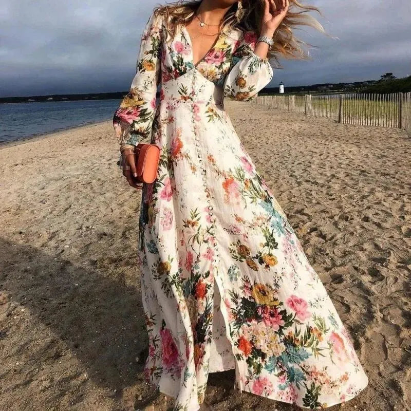 Women's boho floral maxi dress, long sleeve, for beach, summer, or spring. Flowy bohemian vacation outfit.
