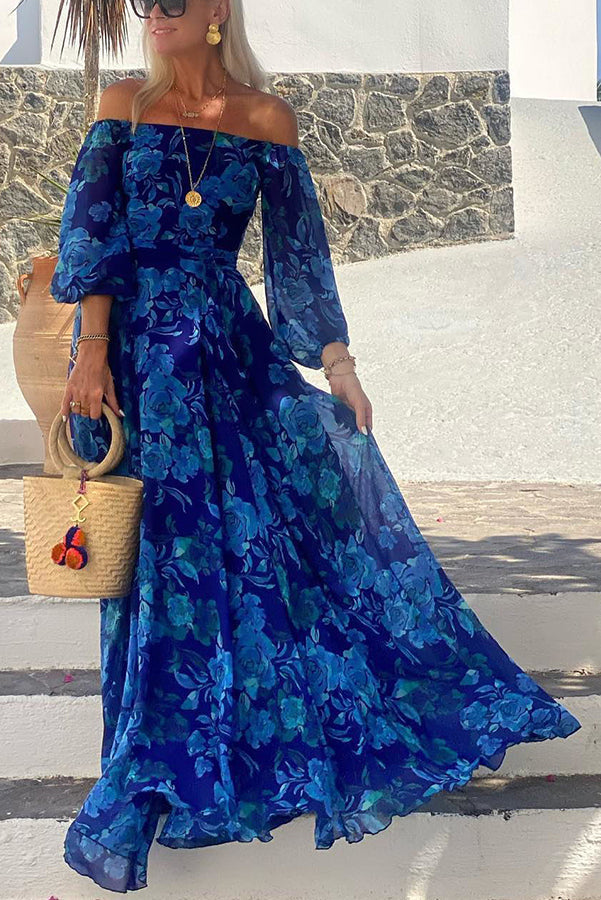 Women's boho floral off-shoulder maxi dress, perfect for a wedding guest, summer event, or vacation.