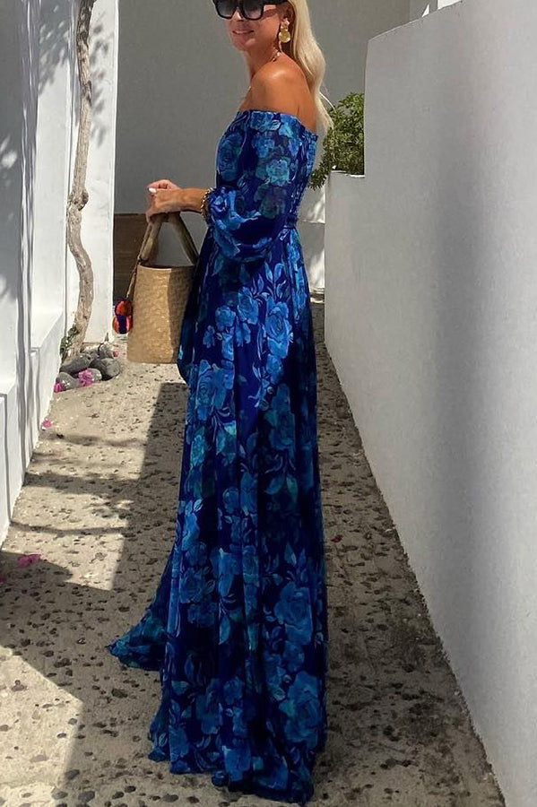 Chic boho floral off-shoulder maxi dress for women, a comfortable and stylish vacation look.