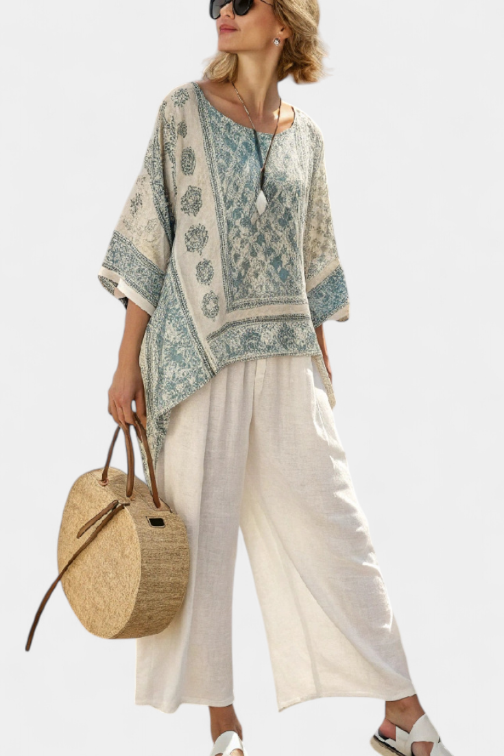 Women's boho floral print batwing blouse and wide leg pant set, perfect for casual summer or vacation wear.