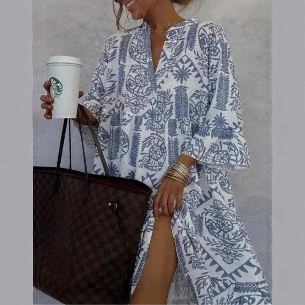 Khaki women's boho floral sundress with tiered skirt & loose fit, perfect for summer casual style.