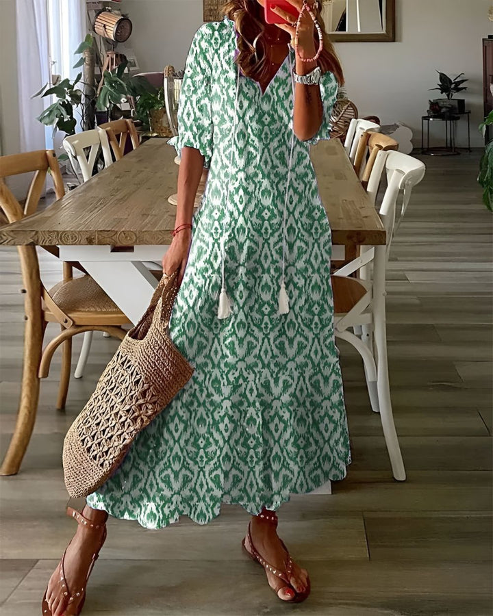 Bohemian style women's summer dress, a comfortable and flowy maxi for beachwear & vacation outfits.