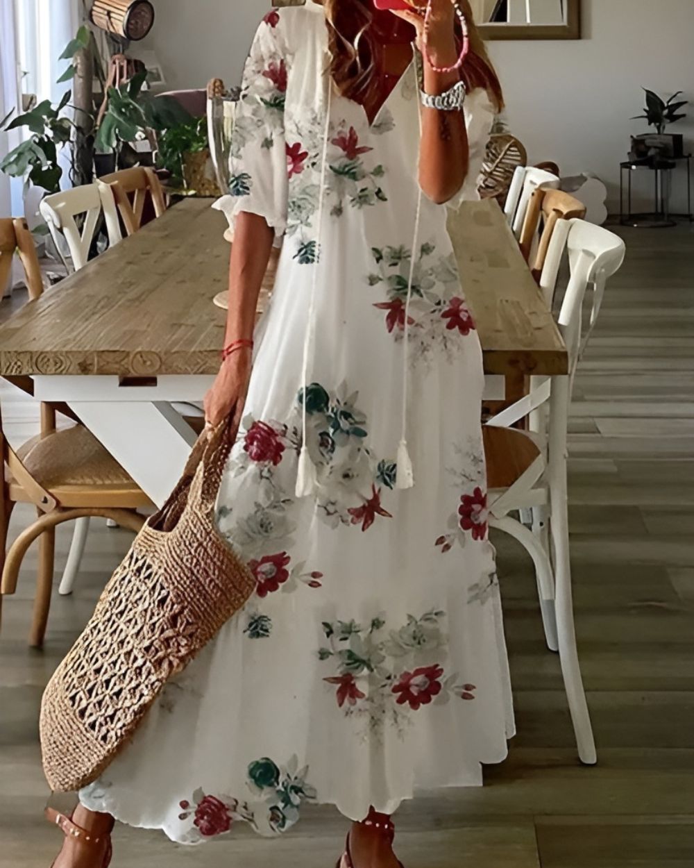 Chic women's flowy bohemian maxi dress, a comfortable summer style with adjustable straps.