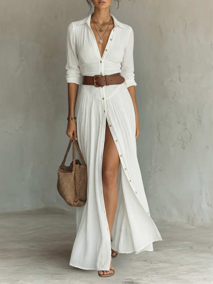 Women's boho maxi shirt dress, perfect for casual summer days and vacation. Flowy, buttondown style.