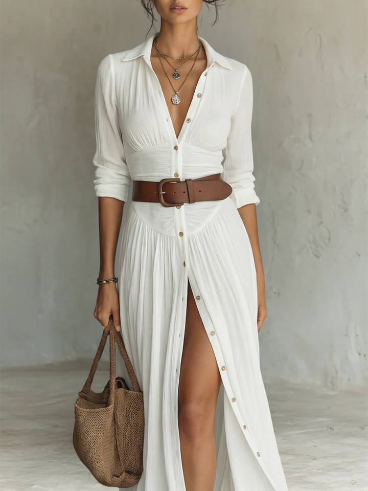 Boho long dress for women, a flowy buttondown maxi shirtdress, perfect for summer casual and vacation style.